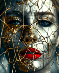 A woman's face is covered in gold and red paint, with a spider web pattern on her face. The gold and red colors give the impression of a fiery, passionate woman