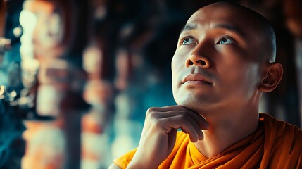 Fototapeta premium A man in an orange robe looking up at the sky
