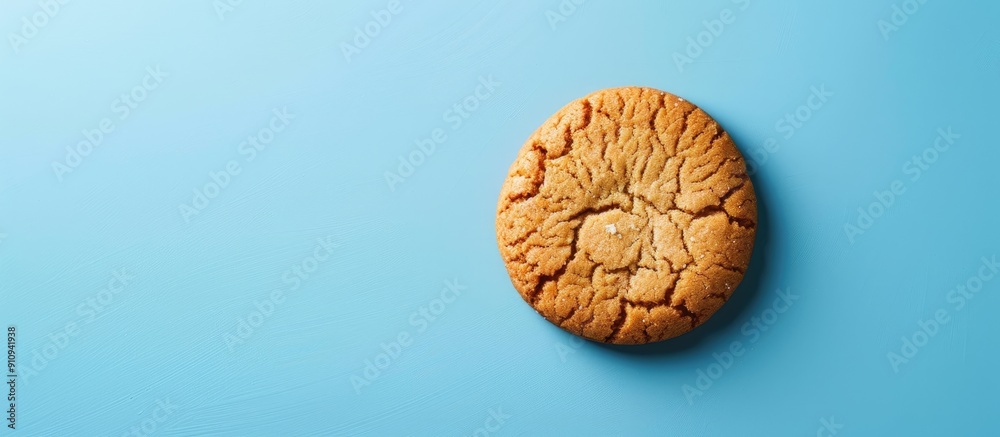 Poster Macro shot of a single cookie on a blue backdrop with copy space image