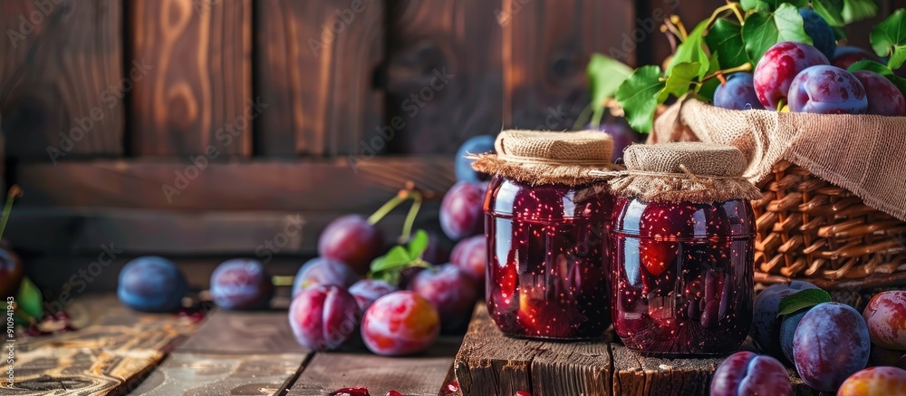 Aufkleber plum jam jars displayed on a wooden table with plums in a basket nearby creating a cozy setting for 