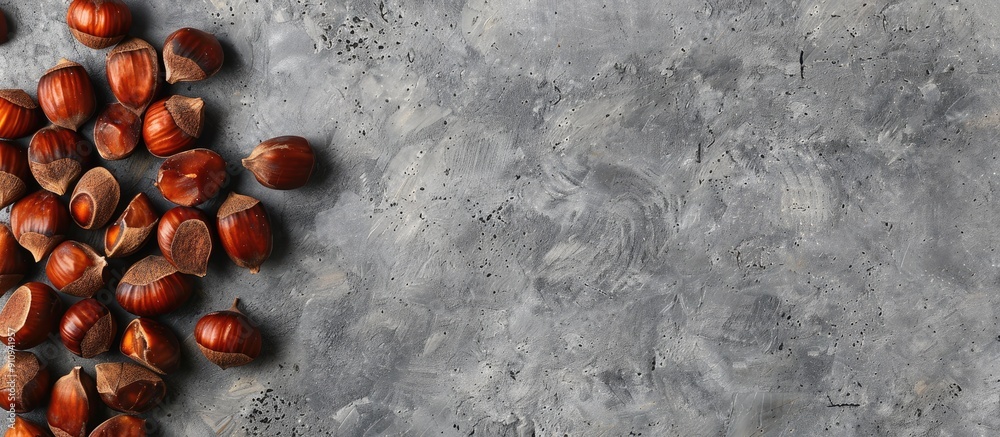 Aufkleber flat lay of scrumptious roasted chestnuts on a grey tabletop with copy space image available