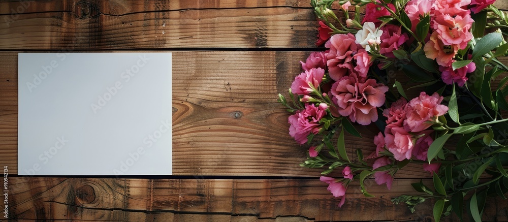 Leinwandbilder top view of a wooden background with a banner and copy space image featuring a flower bouquet alongs