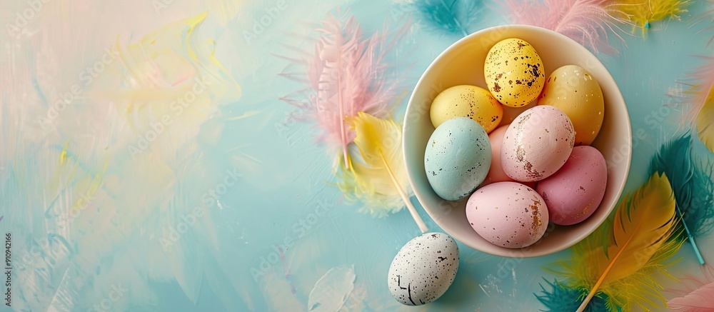 Poster top view of a white bowl holding easter eggs and feathers against a bright background with copy spac