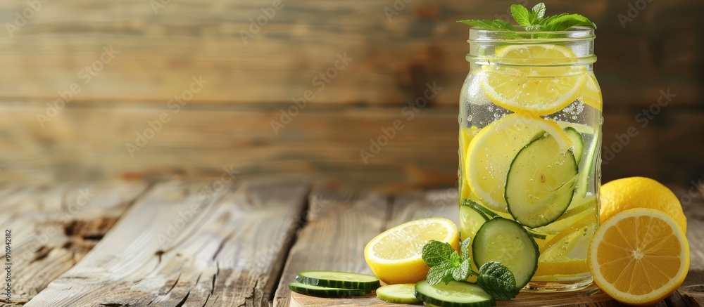 Aufkleber Glass jar on wooden surface with lemonade garnished with lemon and cucumber all against a background suitable for adding text or copy space image
