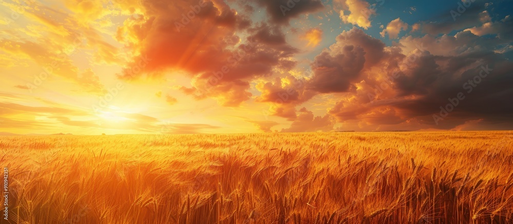 Poster Golden wheat field at sunset ripe yellow ears against stormy sky with a copy space image evoking a summer landscape symbolizing bread making brewing food and harvesting concept