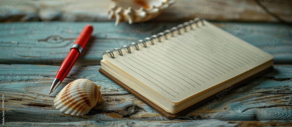 Poster on a wooden table there is a paper notebook a seashell and a red pen with room for additional images