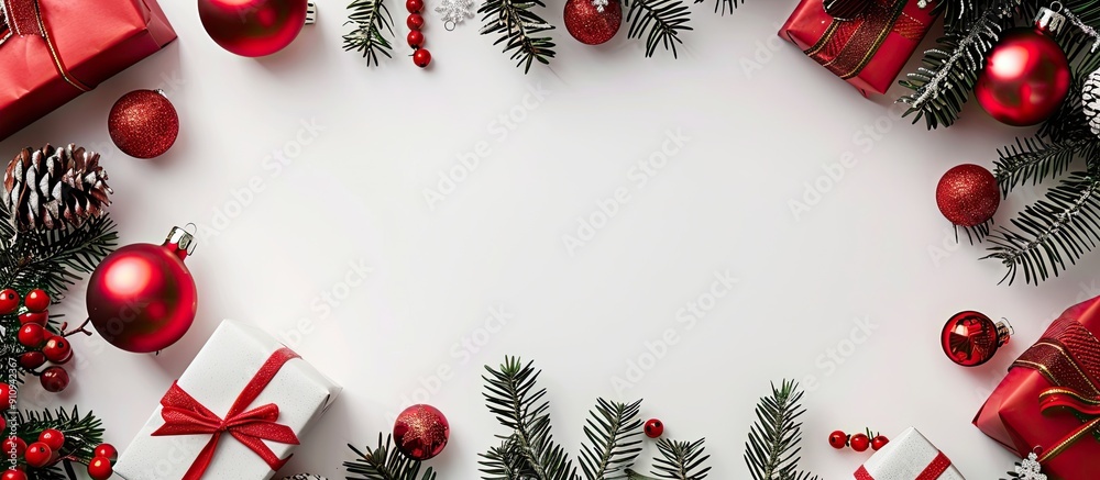 Poster festive christmas arrangement featuring red toys against a white backdrop with holiday gifts present