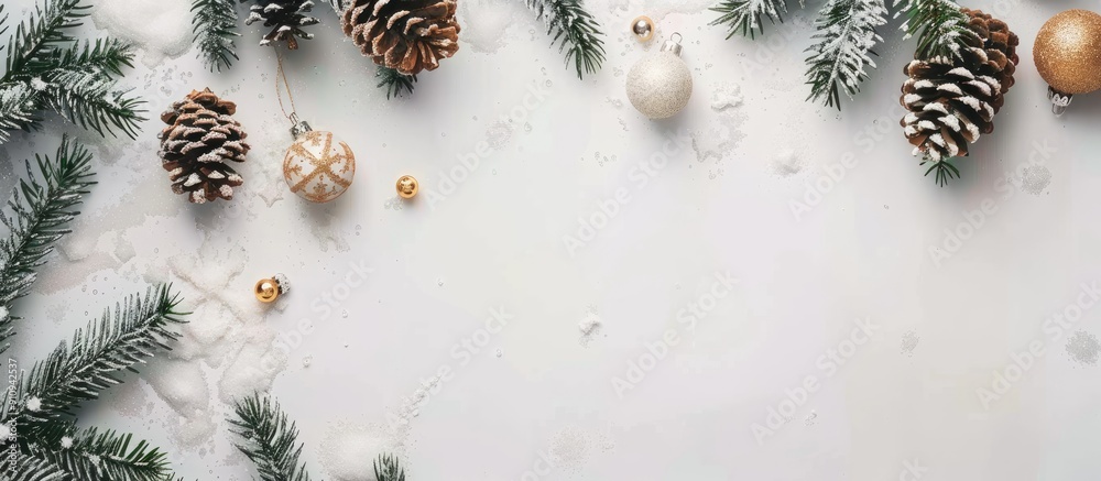 Leinwandbilder top view flatlay of a christmas themed background featuring fir tree branches pine cones and decorat