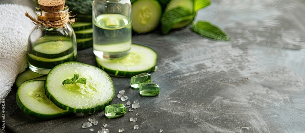 Aufkleber Spa treatments using cucumber soap a bottle of cucumber extract and cucumber slices displayed in a copy space image for body care products