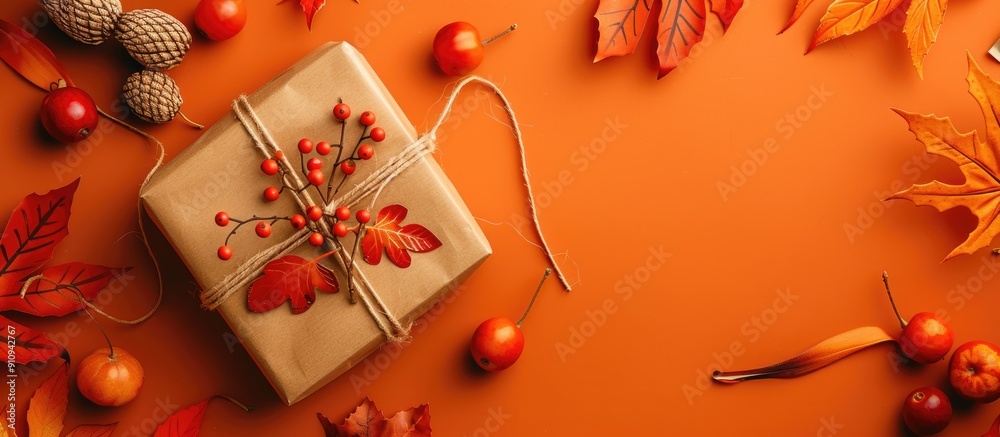 Leinwandbilder top view of a handmade paper gift box adorned with autumn leaves and berries on an orange backdrop w