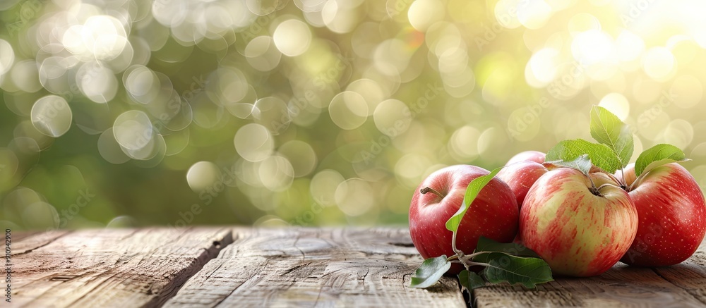 Poster summer themed copy space image featuring apples on a rustic wooden table with a blurry bokeh backgro