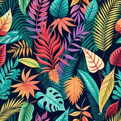 Seamless pattern of vibrant tropical leaves and ferns