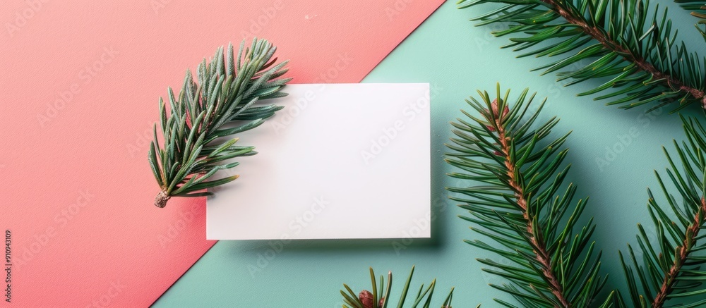 Leinwandbilder a green fir tree spruce branch is next to an empty business card on a colored background offering sp