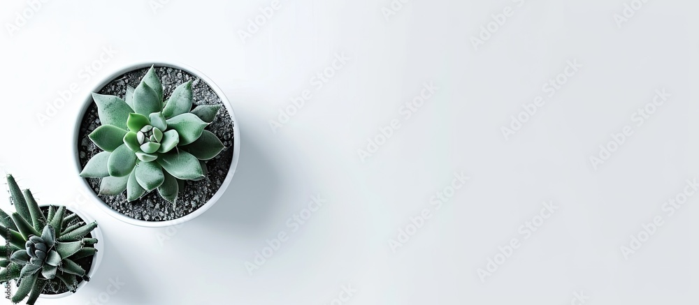 Aufkleber green cactus plant in a pot seen from above on a white desk with empty space for text around the ima