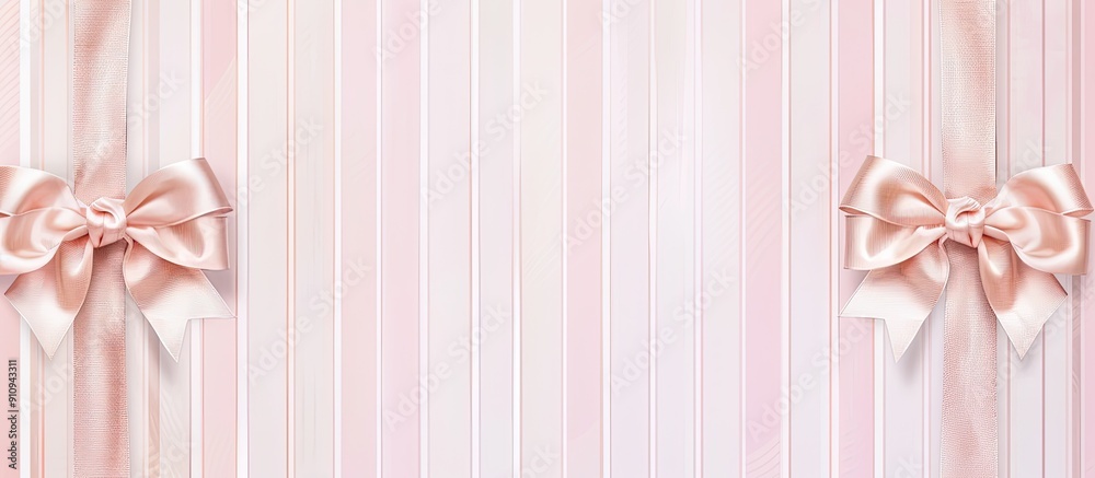 Poster romantic postcard design template with a pastel striped background adorned by shining rose gold bows