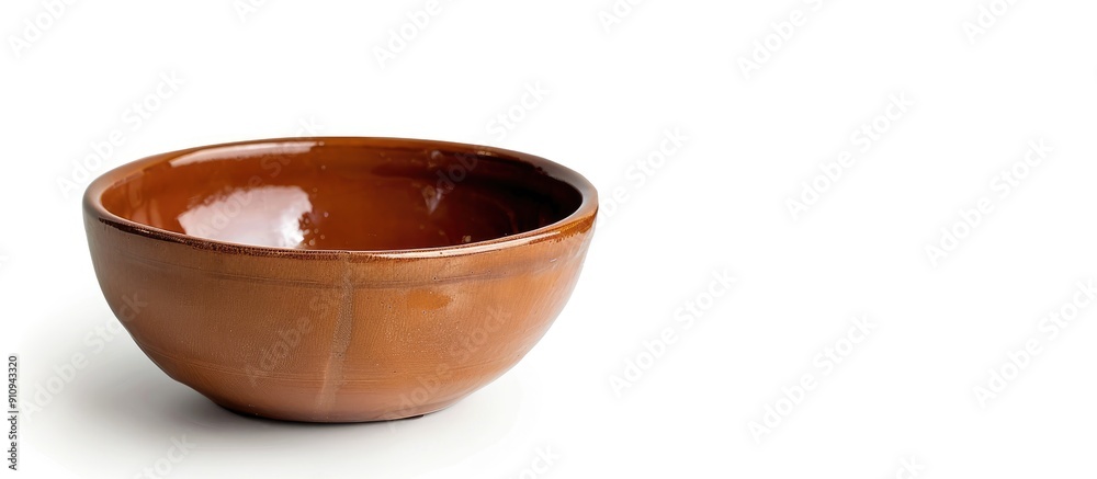 Poster side view of a brown ceramic salad bowl on a white background featuring copy space image