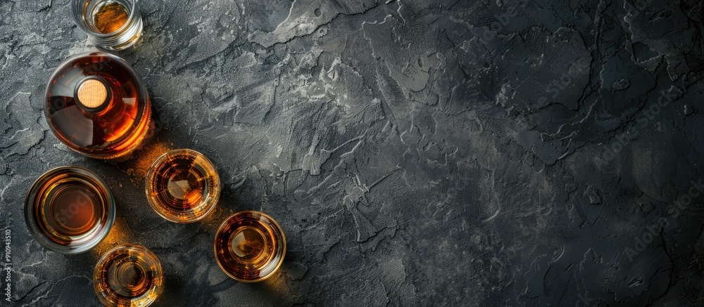 Aufkleber Top view flat lay of a Scotch whiskey bottle and glasses displayed on a stone table with a reserved area for additional content known as copy space image