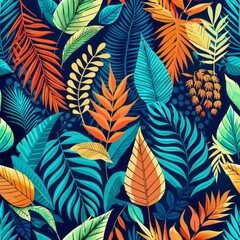 Seamless pattern of vibrant tropical leaves and ferns