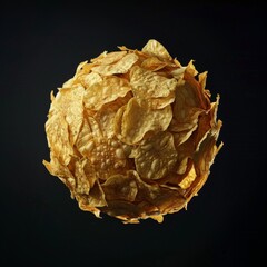 Obraz premium Surreal artistic image of a sphere made of golden potato chips, isolated against dark background. Creative concept representing abstract cooking, food art, or gourmet design. AI