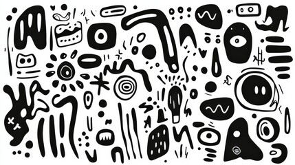 Abstract black magic marker doodles on paper, fun and whimsical, flat scan, white background