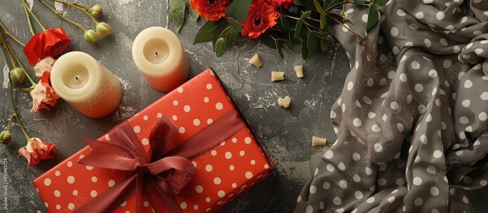 Poster A romantic gift idea featuring a red box tied with a bow candles fake flowers and a polka dot cloth displayed on a stone surface from above with room for additional images