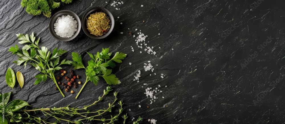 Poster Top view of herbs and condiments displayed on a black stone surface with copy space image available