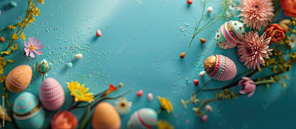 Aufkleber easter greetings with a celebratory background featuring selective focus a top down view and horizon