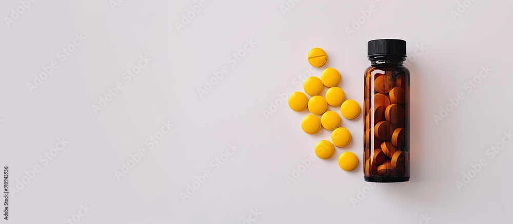 Poster yellow pills and a bottle on a white background convey a medical and healthcare concept with copy sp