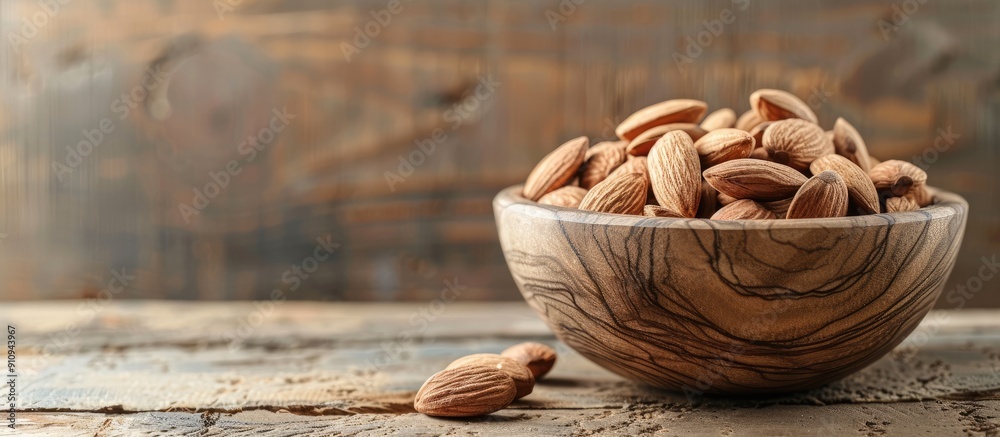 Poster a wooden bowl filled with almonds beside a table with ample copy space in the image almonds are a nu