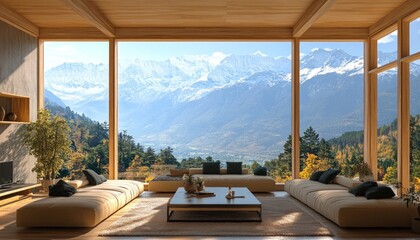Fototapeta premium A cozy living room that offers a breathtaking view of the distant mountains and lush trees