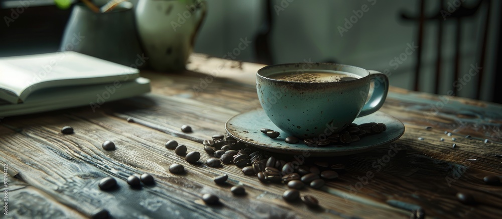 Poster vintage themed coffee break scene featuring a coffee cup beans and a simple table perfect for a copy