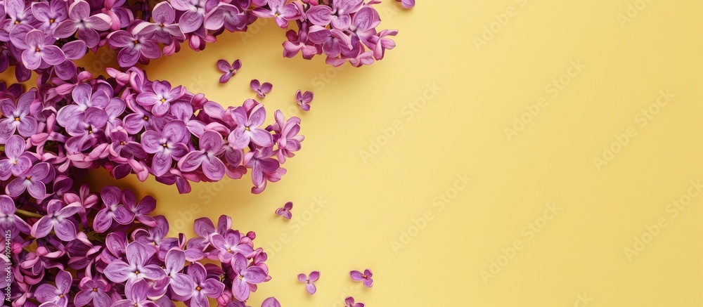 Aufkleber top view of a lovely lilac flower border on a soft yellow backdrop perfect for adding text with a co