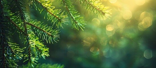 Fir tree branch with soft focus ideal for Christmas themed poster or social media featuring a nature inspired copy space image