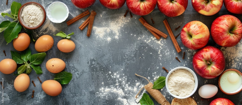 Aufkleber Top view of fresh apples cinnamon flour sugar and eggs on a stone background a copy space image depicting the concept of baking apple pie