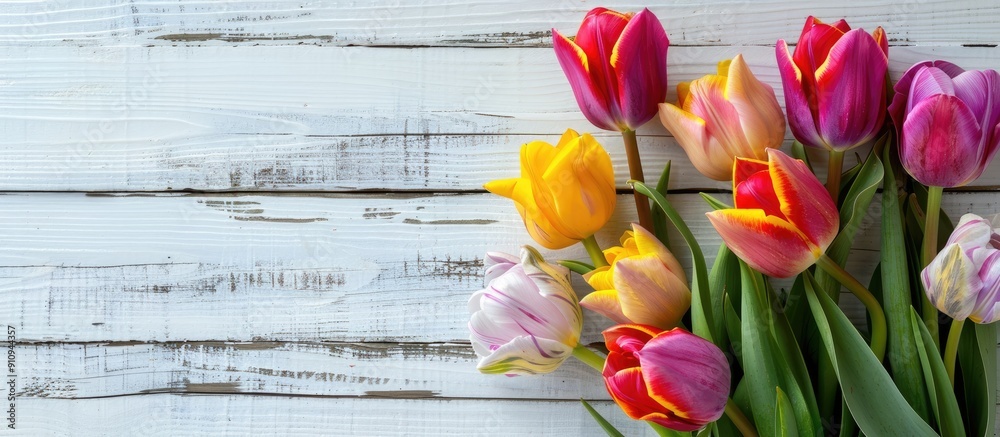 Poster easter themed setting with a vibrant tulip bouquet arranged on a vintage white wooden surface creati
