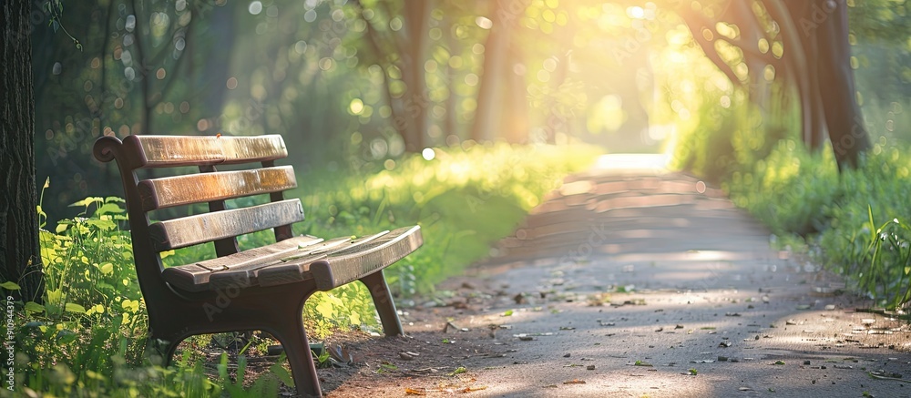 Wall mural park bench on a pathway with a copy space image