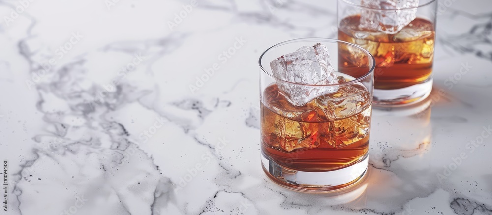 Poster Modern glasses containing whiskey served with ice displayed in a copy space image