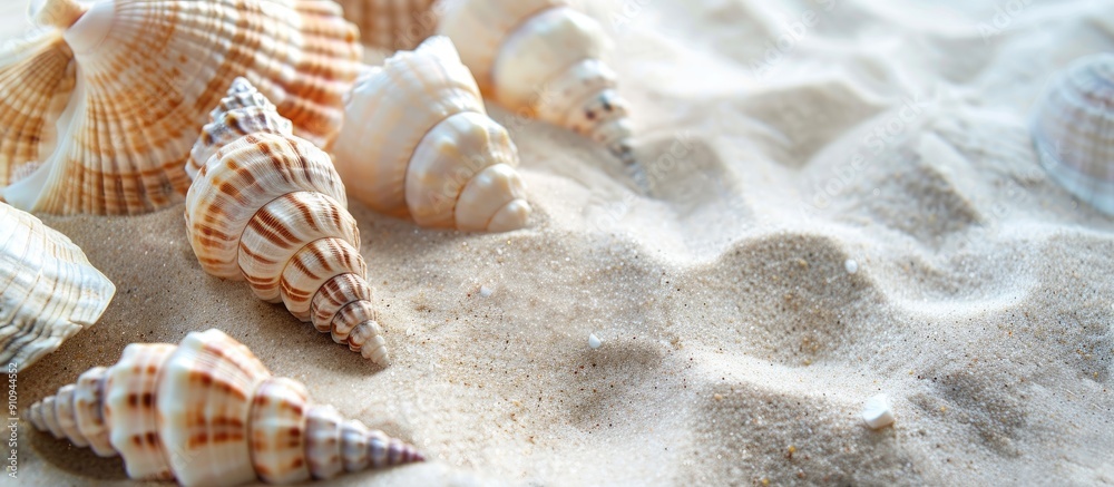 Poster Seashells on a background with plentiful copy space image capturing the essence of summer sand and the coast