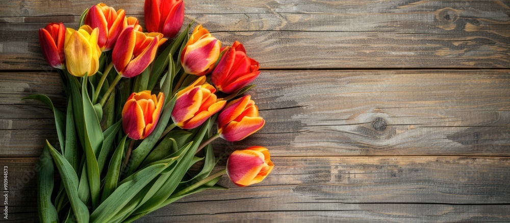 Aufkleber tulips bouquet on rustic wooden backdrop for copy space image