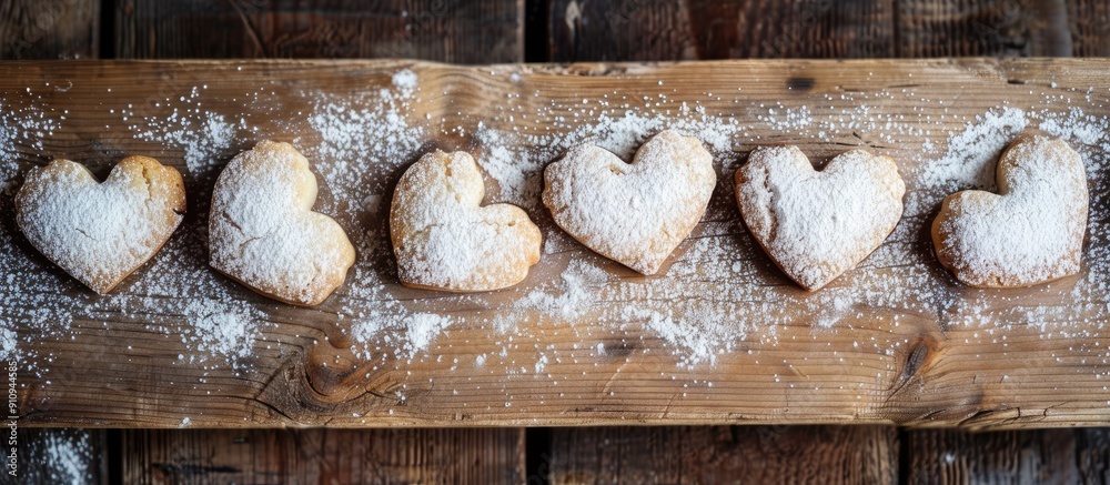 Leinwandbilder Heart shaped cookies dusted with powdered sugar rest on a wooden table in a top view composition providing ample copy space for additional content