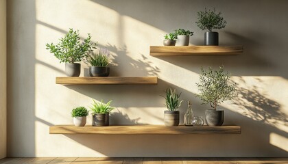 A cozy room adorned with three wooden shelves that are filled with various potted plants