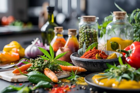 A colorful cannabis-infused culinary scene, various dishes artfully presented, vibrant ingredients, modern kitchen background, evoking creativity and gourmet experiences, appetizing and fresh