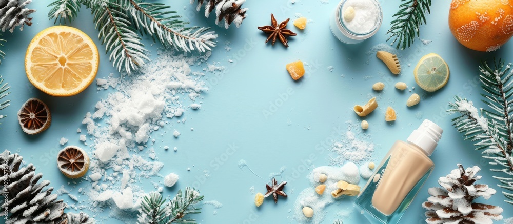 Poster winter care displayed in a flat lay composition with decorative cosmetic items on a colored backgrou