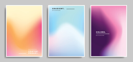 Liquid color gradient background template set. Colorful fluid color gradation backdrop bundle. Holographic modern poster design pack. Soft blurred templates.
