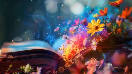 Obraz premium Open Book with Magical Flower Blooms and Blue Smoke