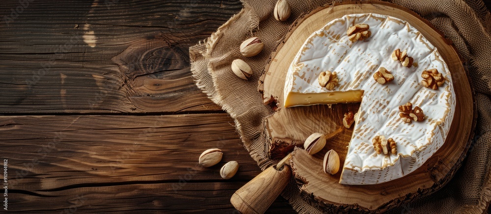 Poster Top view of sliced round Camembert cheese on a wooden board with nuts in rustic style and natural light with a vintage burlap napkin background featuring a copy space image