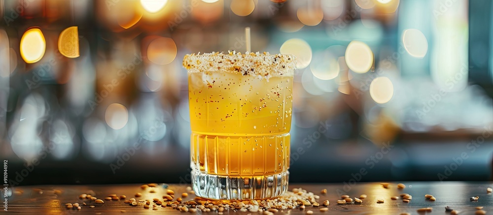 Aufkleber a glass with a yellow beverage topped with seeds on a bright backdrop with selective focus ideal as 