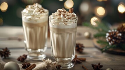 Two Glasses of Eggnog with Whipped Cream and Cinnamon Sticks