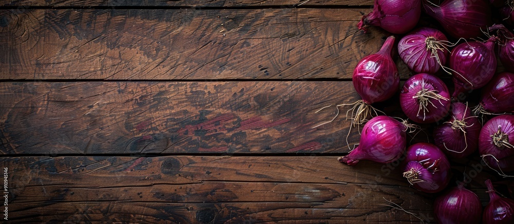 Poster rustic wood background with red onions offering copy space image