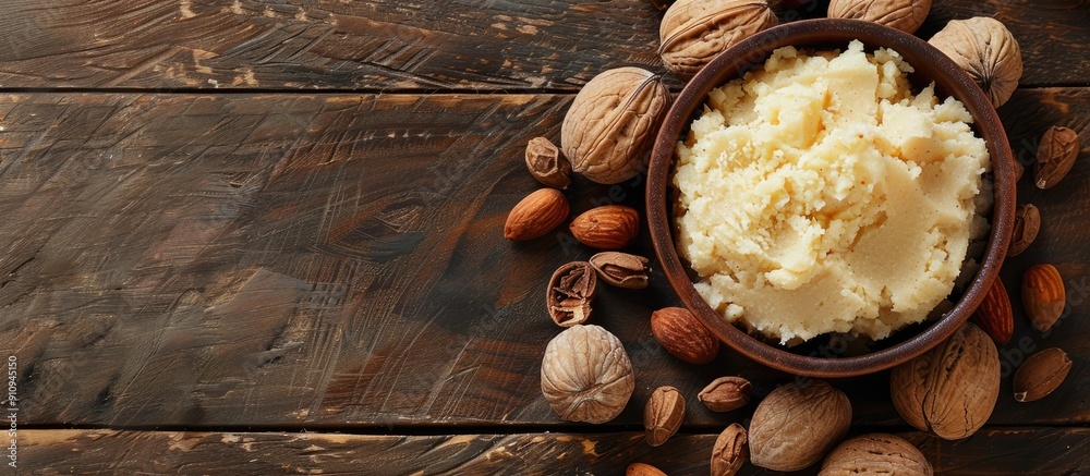Aufkleber On the table there are nuts beside a bowl filled with shea butter Ideal for adding text in the copy space image
